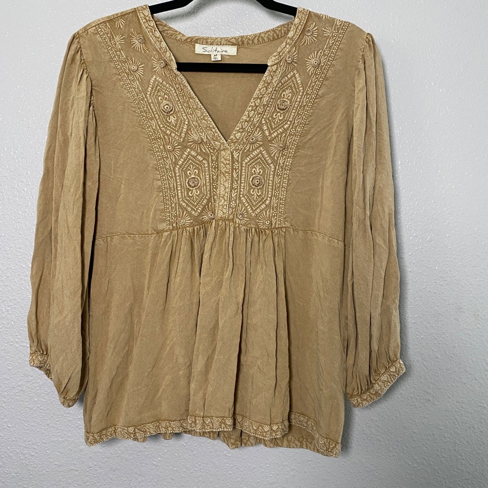 Solitaire Tan Peasant Blouse Medium Bohemian Boho Chic Hippie Festival Babydoll